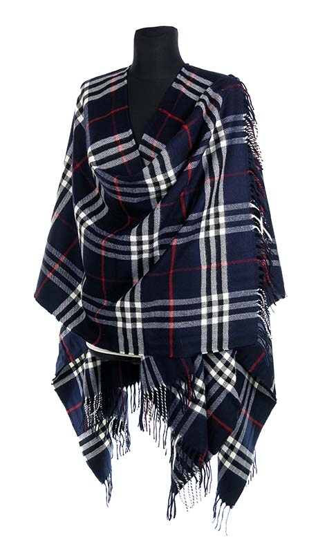 GRANATOWE PONCZO W ANGIELSKA KRATA TARTAN 40 % WEŁNY 42 - 56