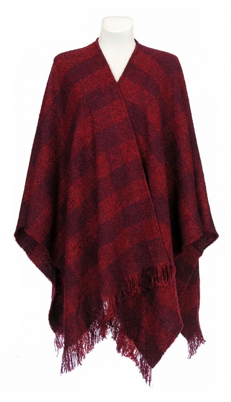 WEŁNIANE CIEPŁE PONCZO BUKLA CZERWIEŃ WINA KRATA 40% WEŁNY 42 - 56