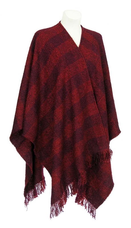 WEŁNIANE CIEPŁE PONCZO BUKLA CZERWIEŃ WINA KRATA 40% WEŁNY 42 - 56