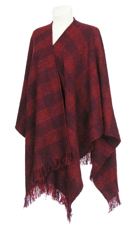 WEŁNIANE CIEPŁE PONCZO BUKLA CZERWIEŃ WINA KRATA 40% WEŁNY 42 - 56