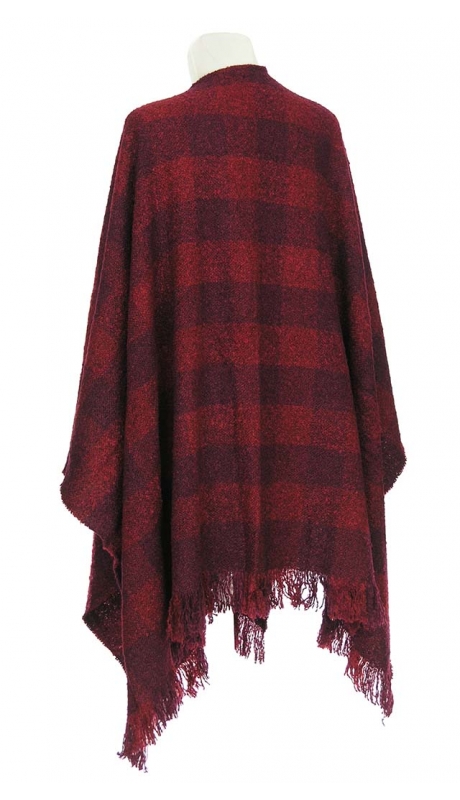 WEŁNIANE CIEPŁE PONCZO BUKLA CZERWIEŃ WINA KRATA 40% WEŁNY 42 - 56