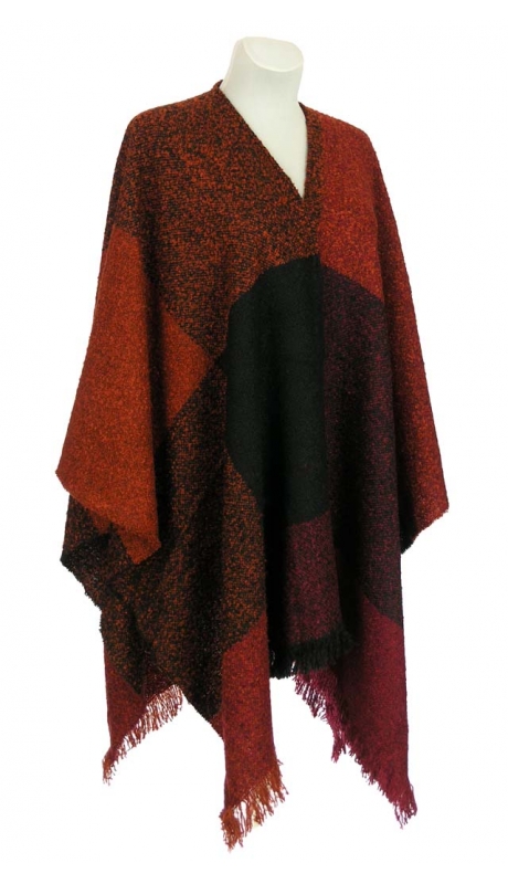 WEŁNIANE CIEPŁE PONCZO BUKLA RUDOŚCI, BORDO 40% WEŁNY 42 - 56