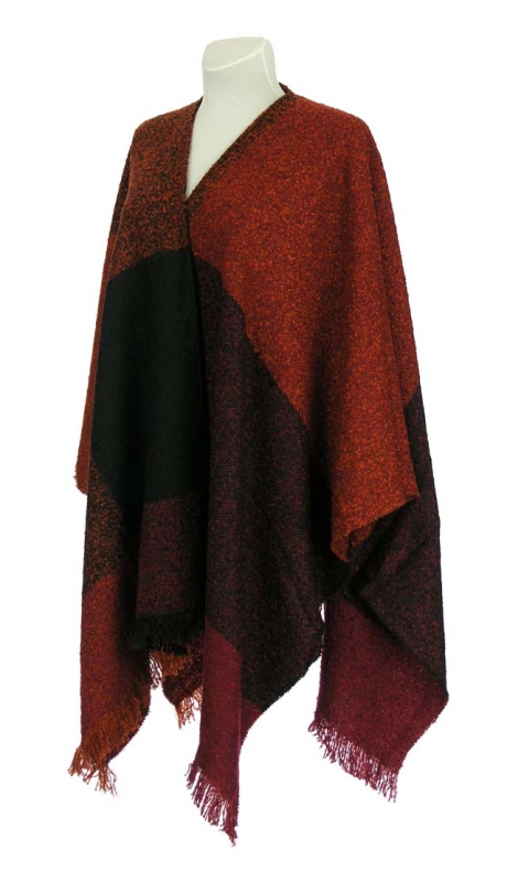 WEŁNIANE CIEPŁE PONCZO BUKLA RUDOŚCI, BORDO 40% WEŁNY 42 - 56