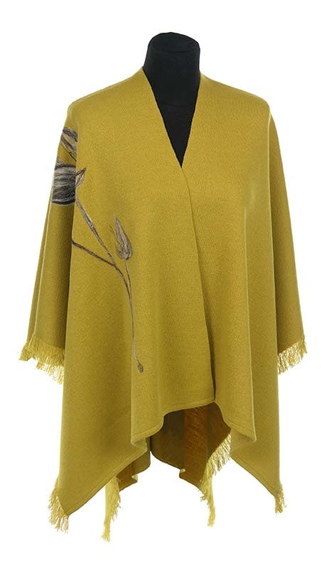 PONCZO CHUSTA Z HAFTEM, ŻÓŁTY MUSZTARDOWY ODCIEŃ, ROZMIAR UNIWERSALNY 42 - 56