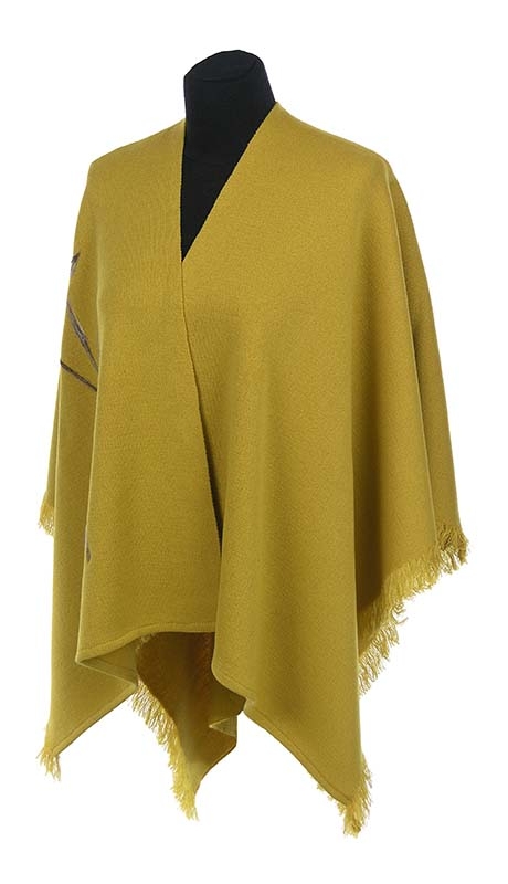 PONCZO CHUSTA Z HAFTEM, ŻÓŁTY MUSZTARDOWY ODCIEŃ, ROZMIAR UNIWERSALNY 42 - 56