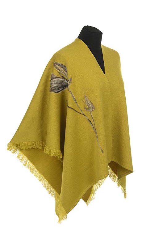 PONCZO CHUSTA Z HAFTEM, ŻÓŁTY MUSZTARDOWY ODCIEŃ, ROZMIAR UNIWERSALNY 42 - 56