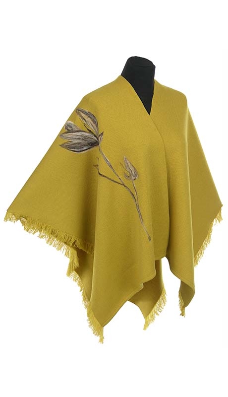 PONCZO CHUSTA Z HAFTEM, ŻÓŁTY MUSZTARDOWY ODCIEŃ, ROZMIAR UNIWERSALNY 42 - 56