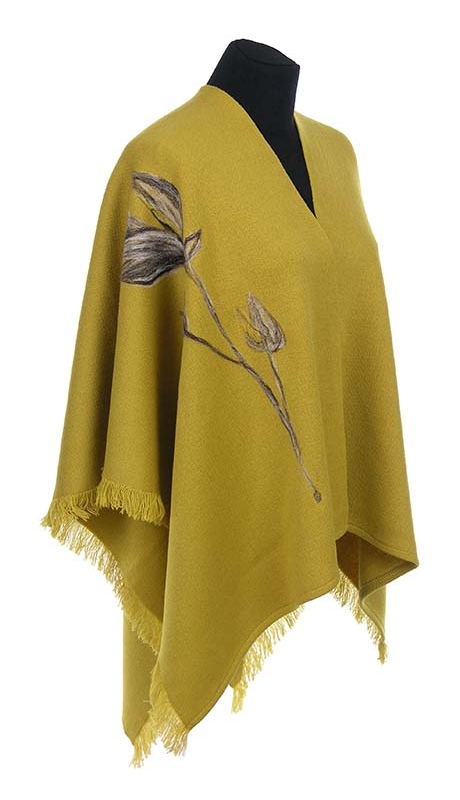 PONCZO CHUSTA Z HAFTEM, ŻÓŁTY MUSZTARDOWY ODCIEŃ, ROZMIAR UNIWERSALNY 42 - 56