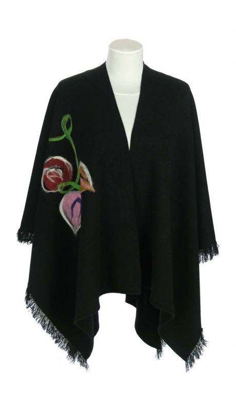 PONCZO, CHUSTA CZARNE Z KOLOROWYM HAFTEM R. UNI 42 - 56