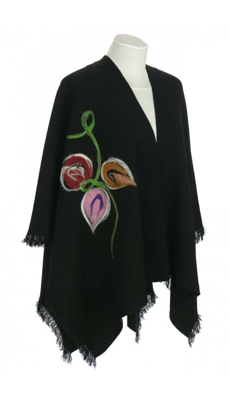 PONCZO, CHUSTA CZARNE Z KOLOROWYM HAFTEM R. UNI 42 - 56