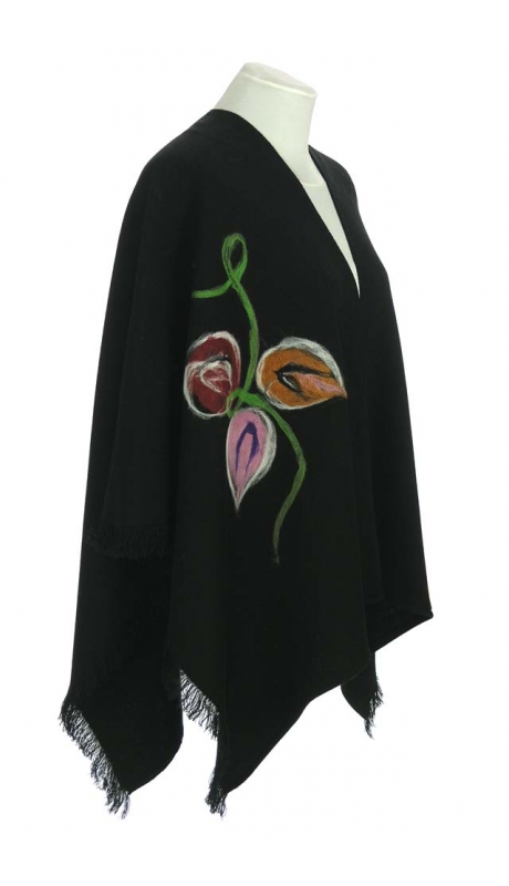 PONCZO, CHUSTA CZARNE Z KOLOROWYM HAFTEM R. UNI 42 - 56