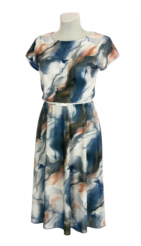 SUKIENKA MIDI KOMUNIA WESELE WIZYTA ABSTRAKCJE GRANATOWO BEŻOWE