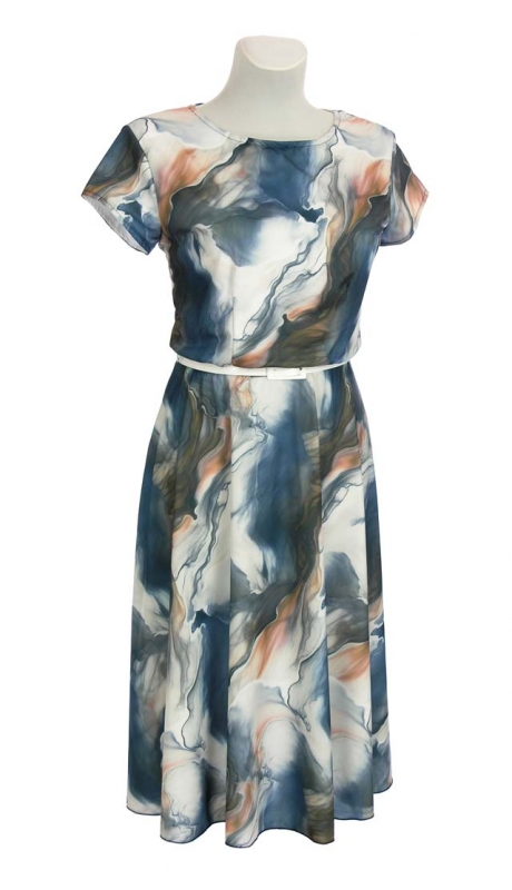 SUKIENKA MIDI KOMUNIA WESELE WIZYTA ABSTRAKCJE GRANATOWO BEŻOWE