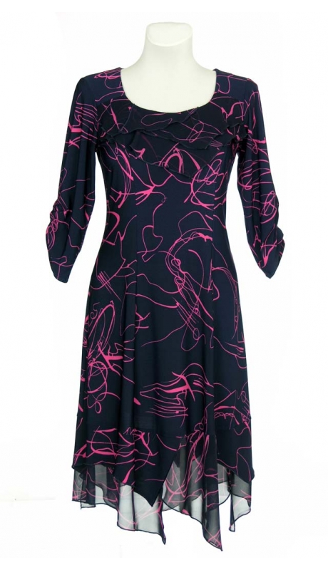 WESELE IMPREZA SUKIENKA POSZERZANA GRANATOWA WZÓR RÓŻ