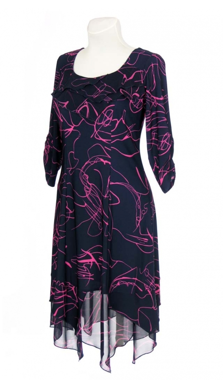 WESELE IMPREZA SUKIENKA POSZERZANA GRANATOWA WZÓR RÓŻ