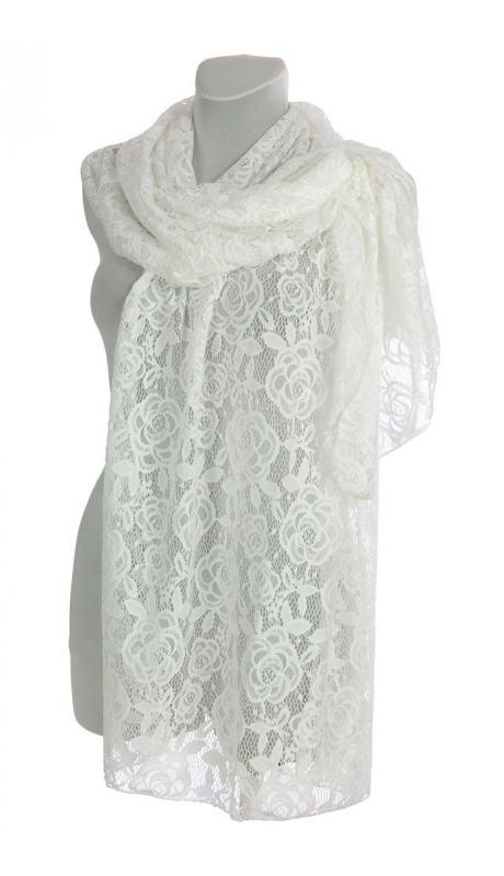 GLAMOUR DUŻY BIAŁY SZAL KORONKOWY WISKOZA Z BAWEŁNĄ 78/200 CM