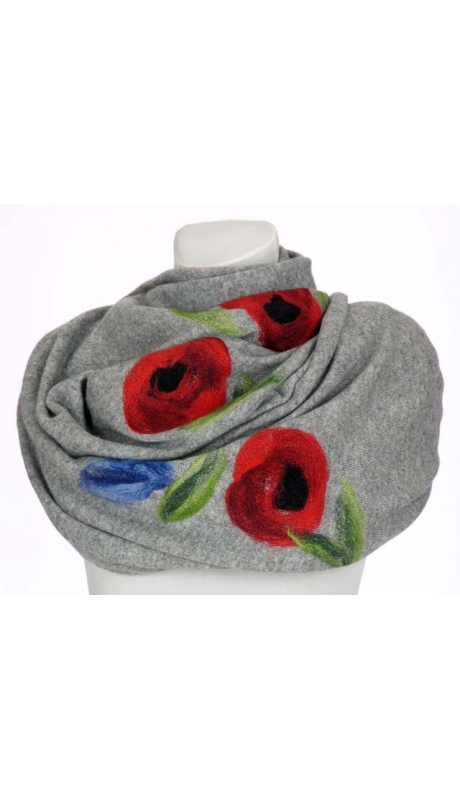 GLAMOUR SZAL Z HAFTEM RĘCZNYM 80 % LAMBSWOOL SZARY W MAKI