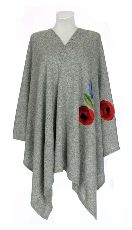 GLAMOUR SZAL Z HAFTEM RĘCZNYM 80 % LAMBSWOOL SZARY W MAKI