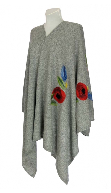 GLAMOUR SZAL Z HAFTEM RĘCZNYM 80 % LAMBSWOOL SZARY W MAKI