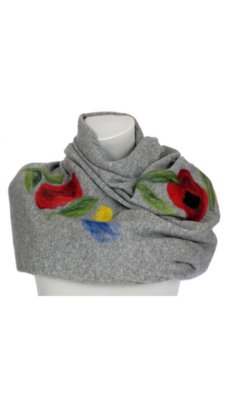 GLAMOUR SZAL Z HAFTEM RĘCZNYM 80 % LAMBSWOOL SZARY W MAKI