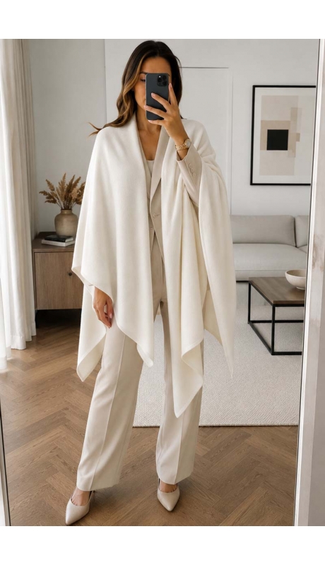 DUŻY SZAL Z WEŁNY JAGNIECEJ LAMBSWOOL 80% ECRU KREMOWY
