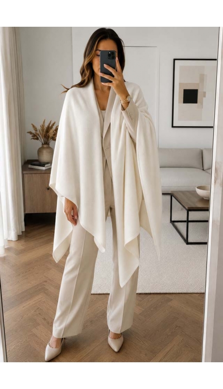 DUŻY SZAL Z WEŁNY JAGNIECEJ LAMBSWOOL 80% ECRU KREMOWY