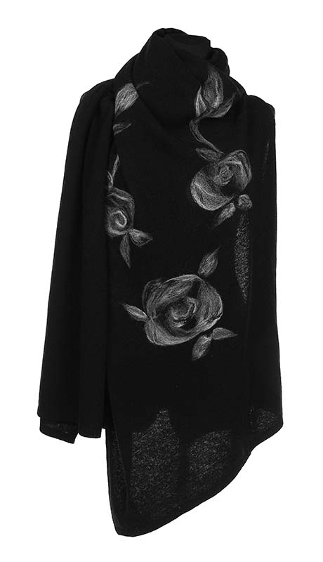 GLAMOUR SZAL Z HAFTEM RĘCZNYM 80 % LAMBSWOOL CZARNY