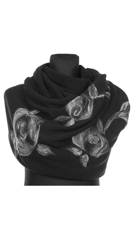 GLAMOUR SZAL Z HAFTEM RĘCZNYM 80 % LAMBSWOOL CZARNY