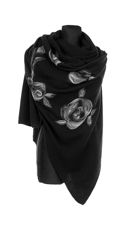 GLAMOUR SZAL Z HAFTEM RĘCZNYM 80 % LAMBSWOOL CZARNY