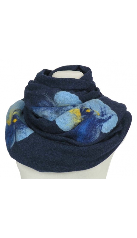 GLAMOUR SZAL Z HAFTEM RĘCZNYM 80 % LAMBSWOOL GRANATOWY