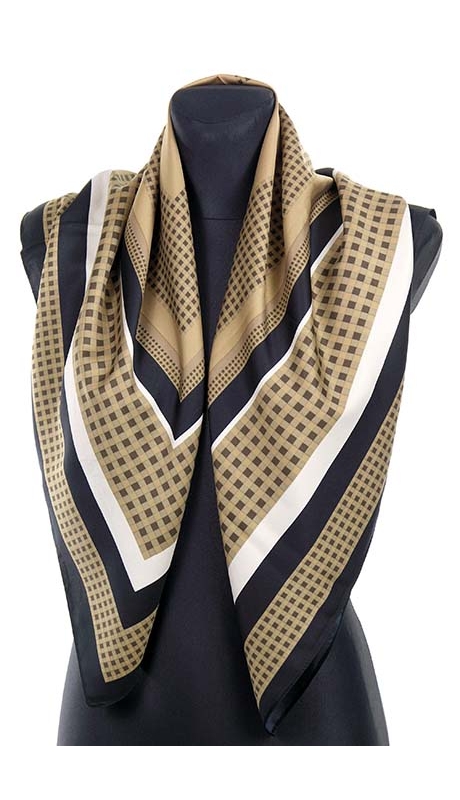 DUŻA APASZKA SATYNOWA KRATKA BEŻE TOFFI 90 x 90 cm